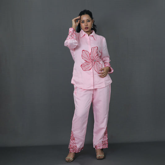 Lushing Blossom Hand-Embroidered Pink Co-ord Set