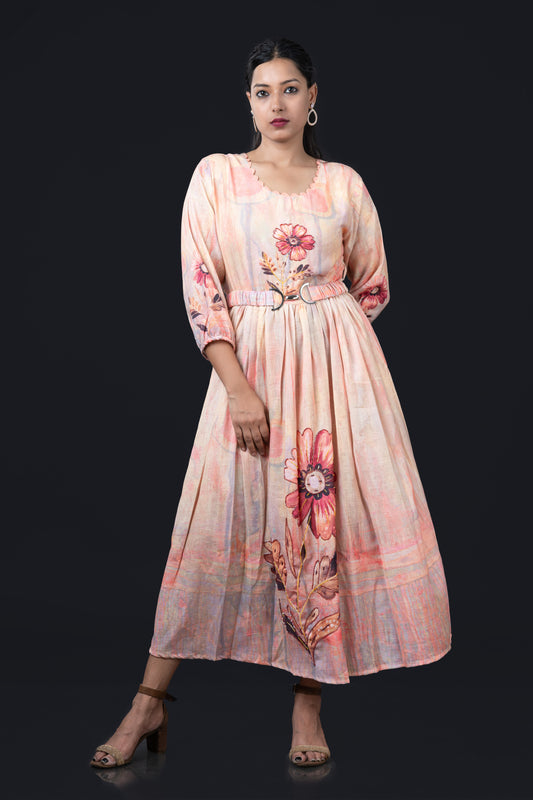 Floral Majesty: Peach Puff Sleeve Midi Dress with Flared Hem and Belt